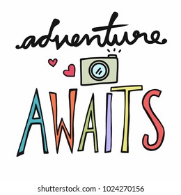 Adventure awaits word and camera vector illustration