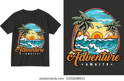 Aventura a la espera.Exótico estilo retro vintage verano vacaciones de viaje ropa camiseta vectorial ilustración de diseño.slogan tees.hawaii tropicales surf palmeras de palmera surfista deporte árboles de surf