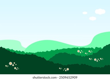 Abenteuerhintergrund mit Berg und Wiese mit weißer Daisy-Blume. Bildschirmhintergrund. Vektorgrafik. Banner