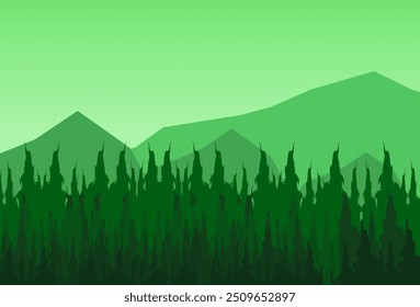 Adventure Background With Silhouette Mountain And Green Tree. Wild Forest. Wallpaper. Vector Illustration