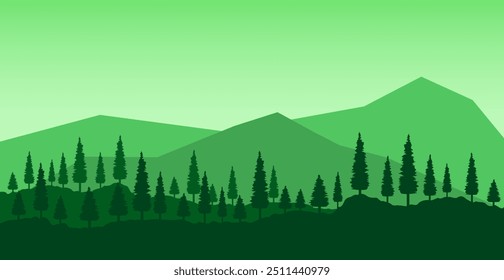 Adventure Background With Silhouette Mountain And Green Tree. Wild Forest. Wallpaper. Vector Illustration