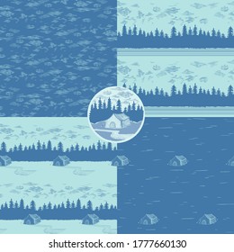 Adventure backgrounds with forest, tents and clouds. Camping seamless patterns set. Vector illustration suitable for wrapper or wallpaper