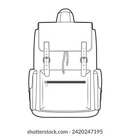 Adventure backpack silhouette bag. Fashion accessory technical illustration. Vector schoolbag front view for Men, women, unisex style, flat handbag CAD mockup sketch outline isolated