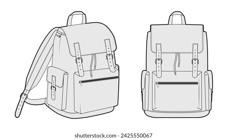 Bolso de la silueta de la mochila de la aventura. Ilustración técnica de accesorios de moda. Vector bolso escolar frente 3-4 vista para hombres, mujeres, estilo unisex, bolso plano CAD mockup sketch contorno aislado