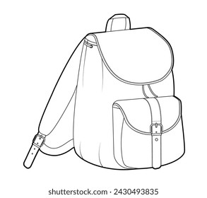 Adventure backpack silhouette bag. Fashion accessory technical illustration. Vector schoolbag 3-4 view for Men, women, unisex style, flat handbag CAD mockup sketch outline isolated
