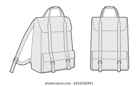 Adventure backpack silhouette bag. Fashion accessory technical illustration. Vector schoolbag front 3-4 view for Men, women, unisex style, flat handbag CAD mockup sketch outline isolated