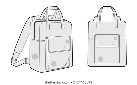 Abenteuer Rucksack Silhouette Tasche. Fashion Accessoire Technische Illustration. Vector Schultasche vorne 3-4 Ansicht für Männer, Frauen, Unisex-Stil, flache Handtasche CAD Mockup Skizze isoliert