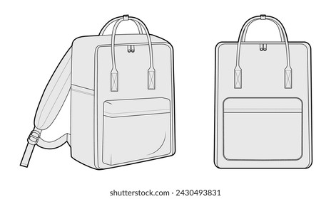 Adventure backpack silhouette bag with handle. Fashion accessory technical illustration. Vector schoolbag front 3-4 view for Men, women, unisex style, flat handbag CAD mockup sketch outline isolated