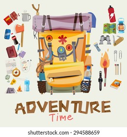 adventure backpack with traveller objects in round frame. adventure time concept. typographic wood design for header - vector illustratoin