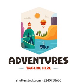 Adventure badge design with whale, mountain landscape and quote-adventures. Travel logo graphics. Stock vector camping label