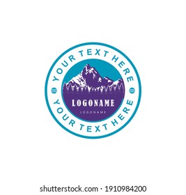 Adventure badge logo design template including mountain, sky and pine trees.