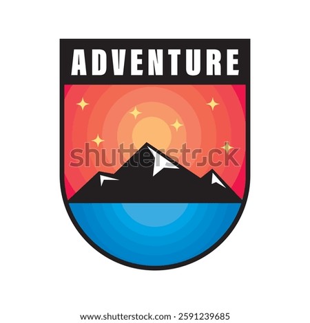 Adventure Badge Logo with Mountain, Sunset, and Stars in Modern Style