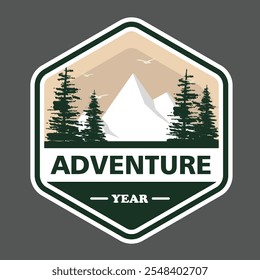 Adventure Badge with Mountain and Forest Design. Nature Emblem and Logo