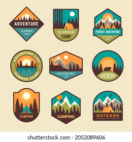 Adventure badges. Summer camp mountains forest hiking exploring scout outdoor labels hipster stickers recent vector templates set