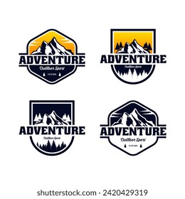 Adventure badges. Summer camp mountains forest hiking exploring scout outdoor labels hipster stickers