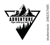 Adventure Begin Outside Your Tent. Typography based graphic with adventure mountain outdoor and vintage style illustration.