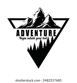 La Aventura Comienza Fuera De Tu Tienda. Gráfico basado en tipografía con la montaña de aventura al aire libre e ilustración de estilo vintage.