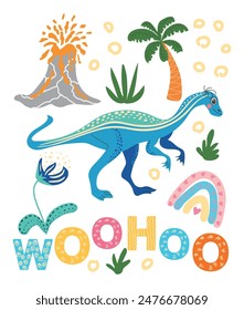 Adventure begin. Scandinavian hand drawn illustration with dinosaur, dragon. Children's poster, poster, pajamas.