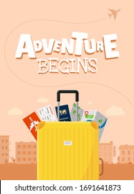 Adventure begins advertising vacation travelling poster design concept. Suitcase luggage with map flight ticket and passport. Different touristic elements and airplane path vector illustration poster