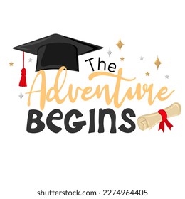 The adventure begins. Congrats Graduates. Handwritten text with graduation cap and scroll of diploma. Element for degree ceremony and educational programs design. Vector illustration