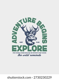 Explore Wild recuerda a la cabeza de ciervo Dibujo gráfico de la mano Diseño gráfico de la camiseta