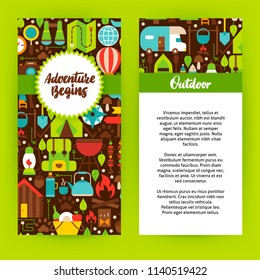 Adventure Begins Flyer Template. Flat Design Vector Illustration of Brand Identity for Camping Promotion. 