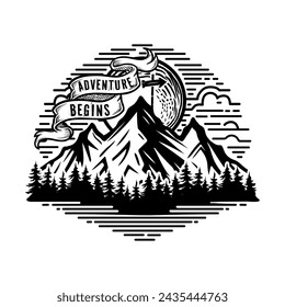 Adventure begins hand drawn line art outdoor t shirt design print illustration in graphic tablet