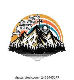 Adventure begins hand drawn outdoor t shirt design print illustration in graphic tablet