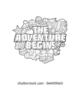 The Adventure Begins - Hand Lettering and Doodles Elements Sketch Isoleted. Motivation Print