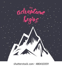 The Adventure begins. Inspirational quote handwritten with pink ink, custom lettering for posters, t-shirts and cards. Vector calligraphy on starry sky background.