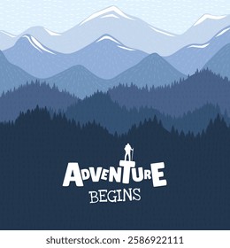 Adventure begins logo with climber reaching mountain peak on square banner. Stunning landscape with rugged foggy cliffs and bright sky. Perfect for travel success, hiking and outdoor lifestyle themes.
