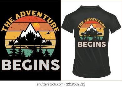The Adventure begins Mountain vector retro vintage t-shirt design, Adventure-Camping-Mountain T-Shirt Design