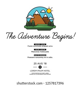 Adventure Begins Mountains With Trees Clouds and Sun  Invitation Design with Where and When Details