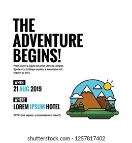 Adventure Begins Mountains With Trees Clouds and Sun  Invitation Design with Where and When Details