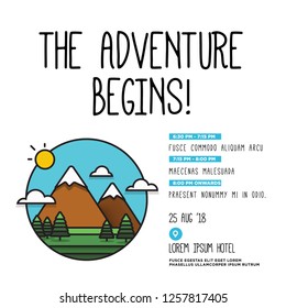 Adventure Begins Mountains With Trees Clouds and Sun  Invitation Design with Where and When Details