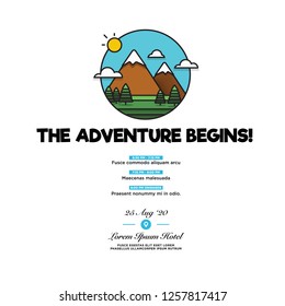 Adventure Begins Mountains With Trees Clouds and Sun  Invitation Design with Where and When Details