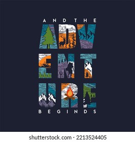 And The Adventure Begins, Outdoors Vintage T shirt,sweatshirt,hoodie, design print ready template vector art. 