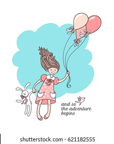 And so adventure begins. Sweet little brunette girl holds her bunny toy and fly in the sky by colored balloons and funny small bird are singing for her. Cute character and elements for kids design. 