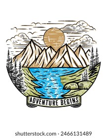 Adventure begins travel outdoor t shirt design. hand drawn line art illustration by drawing