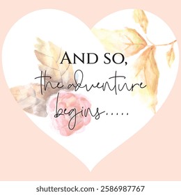 And So Adventure Begins Typography Lettering design for greeting banners, Mouse Pads, Prints, Cards and Posters, Mugs, Notebooks, Floor Pillows, and T-shirt print designs. wedding tag. congratulation.