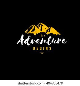 The Adventure Begins vintage illustration with mountains. Design for t-shirt print or poster. Vector illustration.