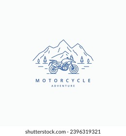 Aventura bicicleta en la naturaleza del logotipo de arte de la línea simple de montaña. Ilustración vectorial de adventure Motorcycle