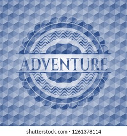 Adventure blue emblem or badge with abstract geometric pattern background.