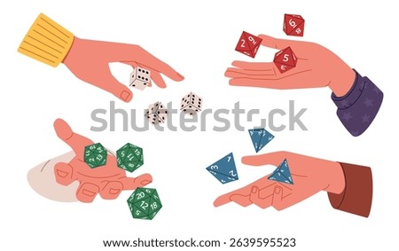 Adventure board game. Human hands hold rpg dices, playing process, points number, home entertainment, throwing out, random symbol, cartoon flat style isolated nowaday vector concept