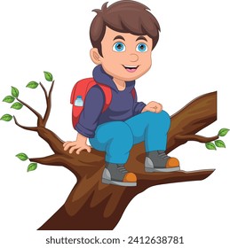 adventure boy sitting on tree cartoon