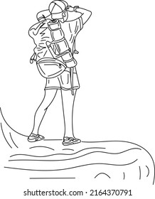 Vector de vectores de aventuras, logo del escalador de Hill, dibujo del hombre parado en la colina con vestido de escalada, silueta del joven escalador de la colina