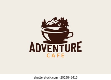 Abenteuercafé-Logo mit einer Kombination aus Kaffeetasse und natürlicher Landschaft für jedes Geschäft speziell für Abenteuer, Outdoor-Aktivitäten, Café, Café, Bar, etc.