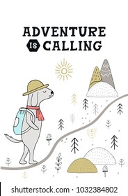 Adventure is calling - Cute hand drawn nursery poster with animal and lettering in scandinavian style. Kids vector illustration.