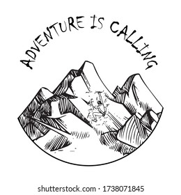 Adventure está llamando a excursionismo al diseño vectorial de camisetas. concepto de arte de línea blanca y negra.