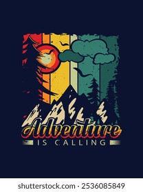 Adventure is calling vintage style t shirt design. T shirt with mountain